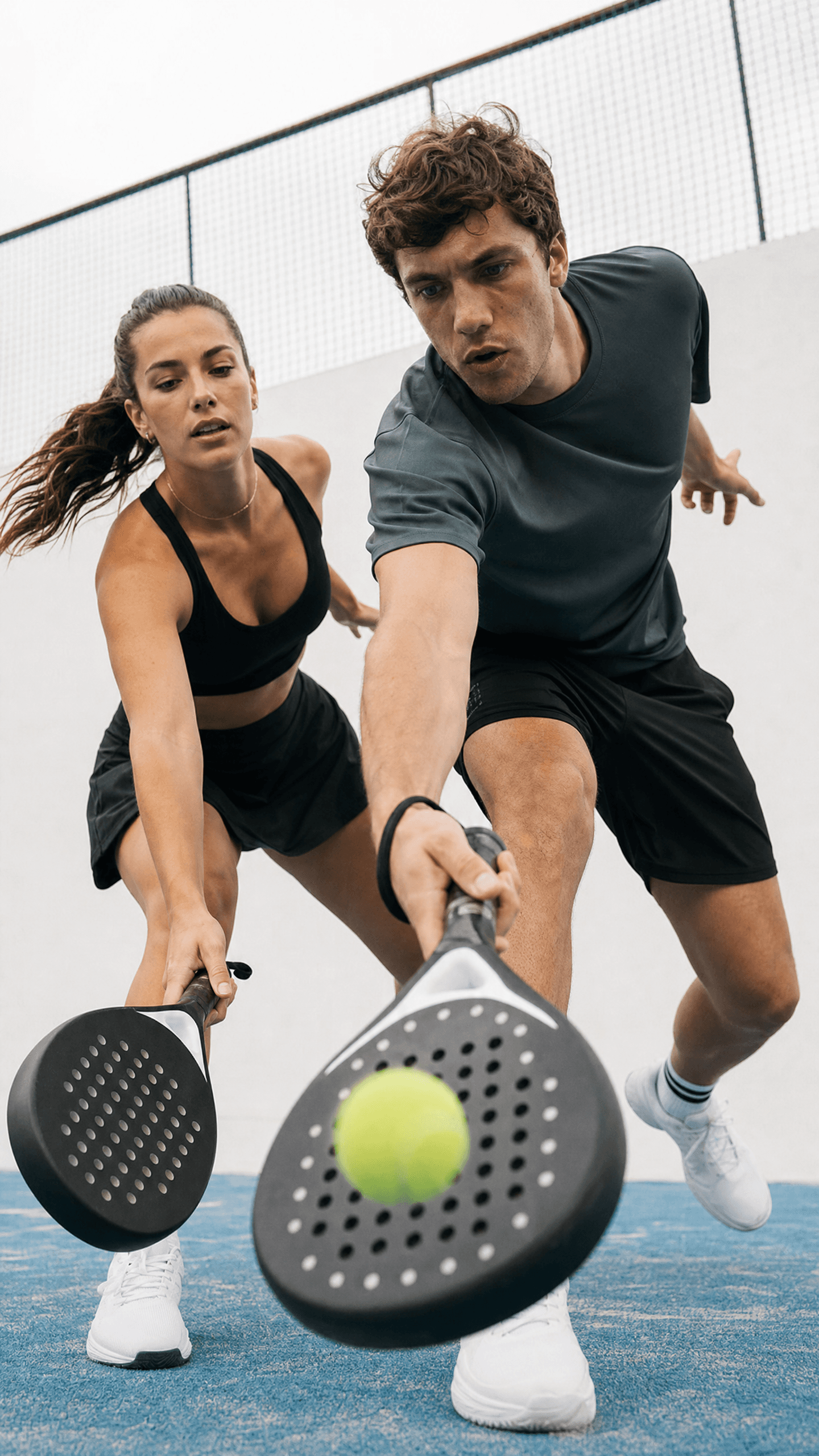 Duo de joueurs de padel en plein mouvement sur le court, raquette et balle au premier plan